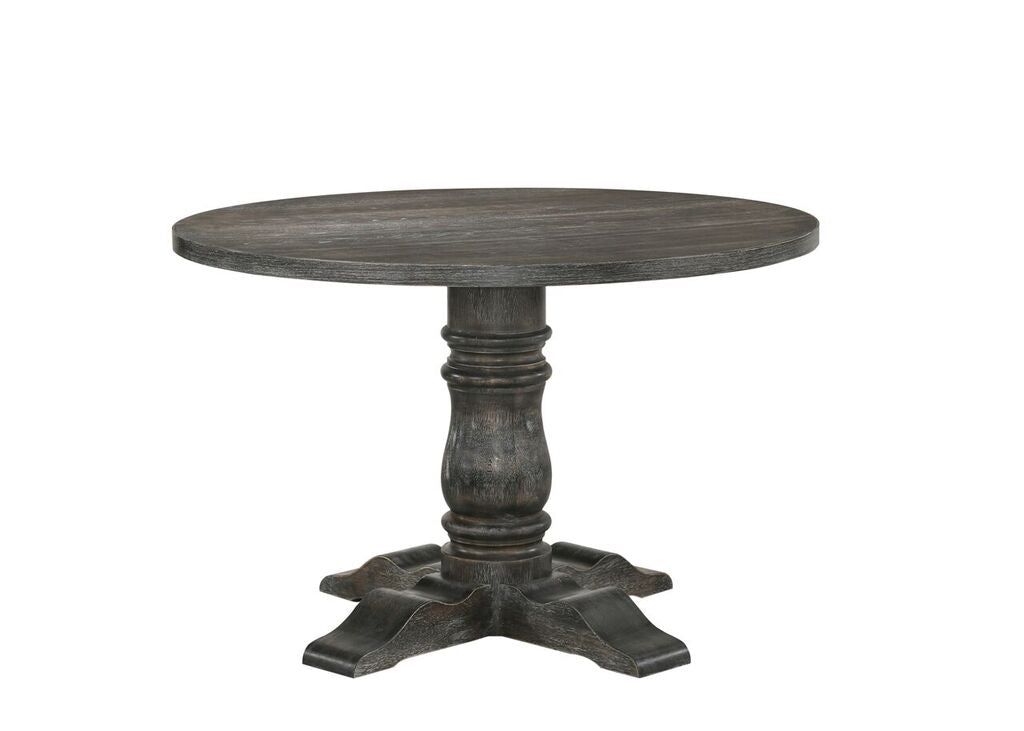 Dark grey round pedestal table with distressed wood finish