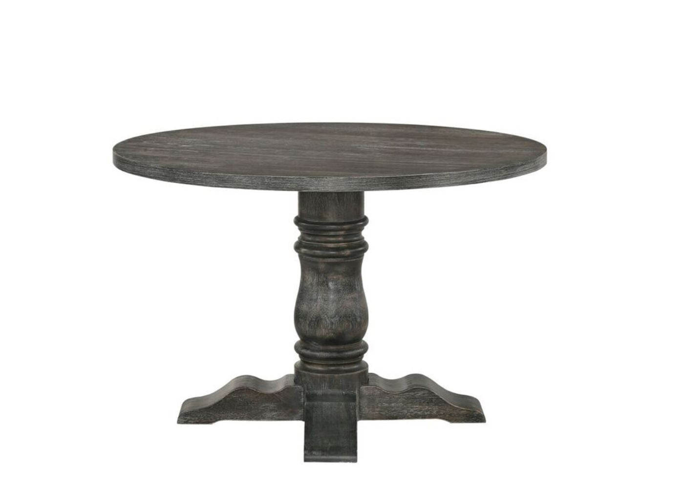Round pedestal dining table with distressed dark wood finish and carved column base