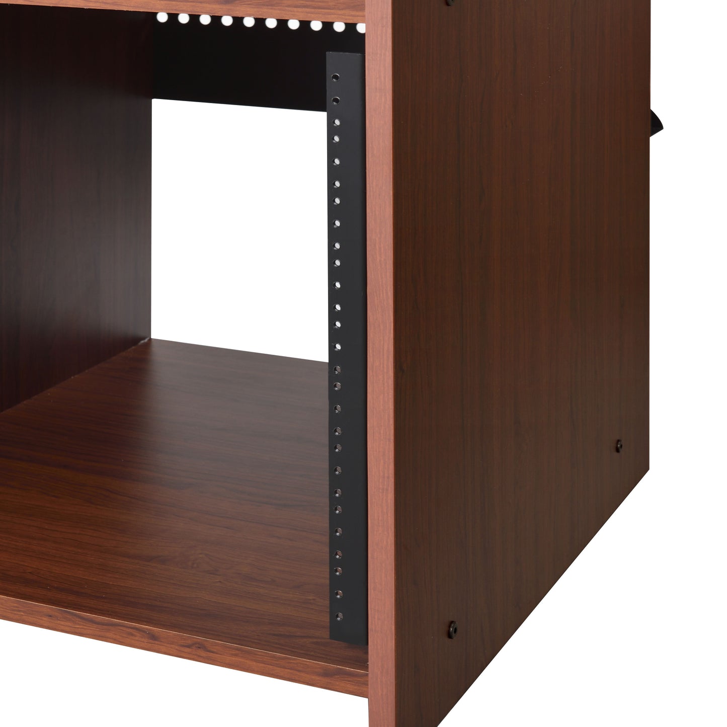 Walnut finish equipment rack with adjustable shelf