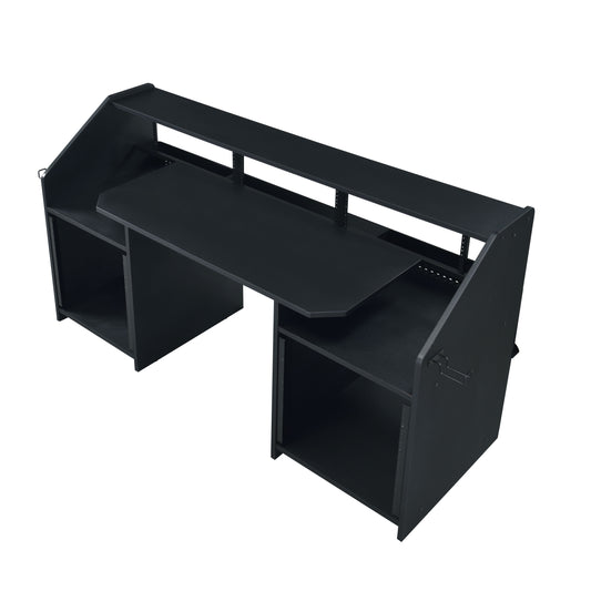 Black modern studio desk with multiple shelves and rack mounts for audio equipment