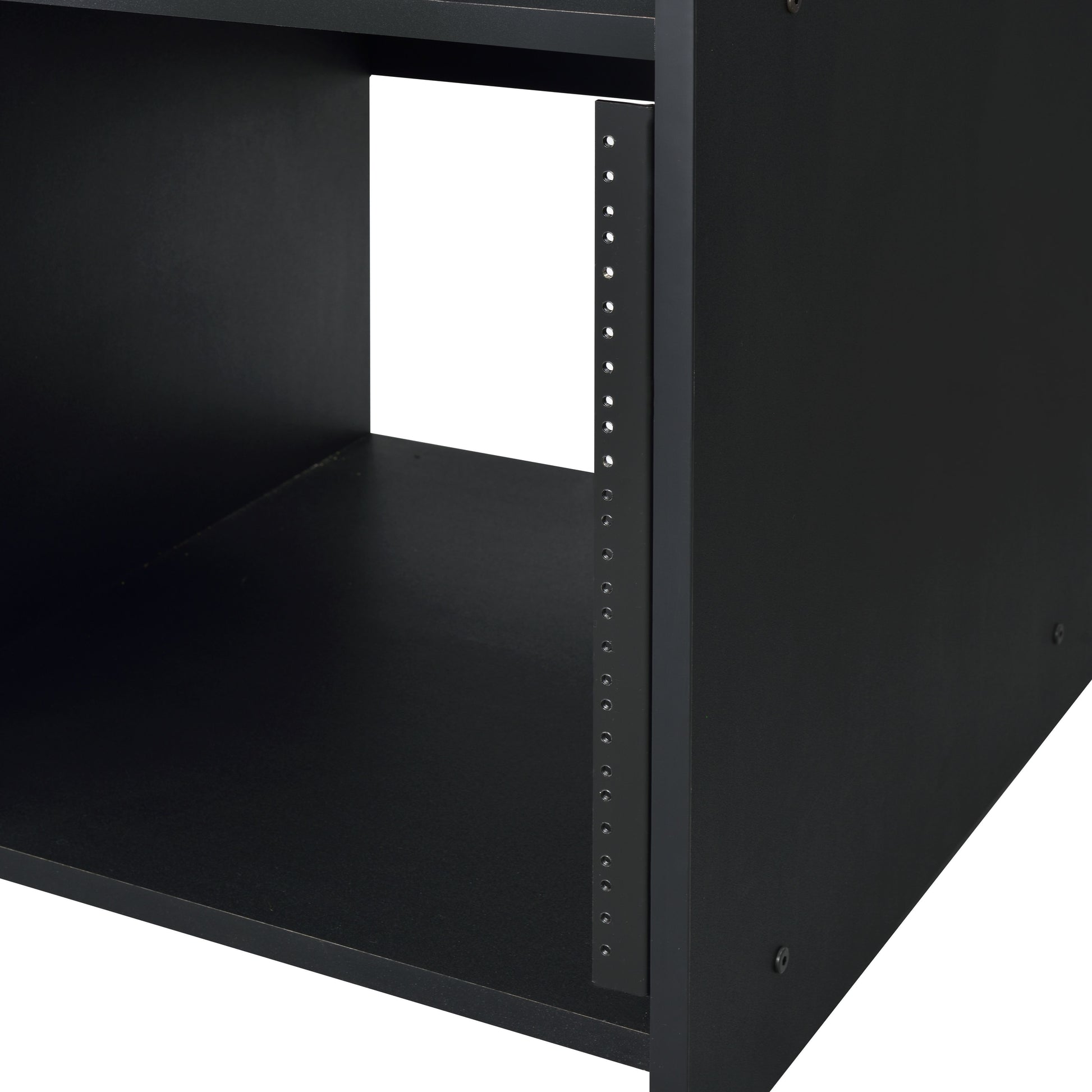 Black metal server rack shelf with perforated rack rails