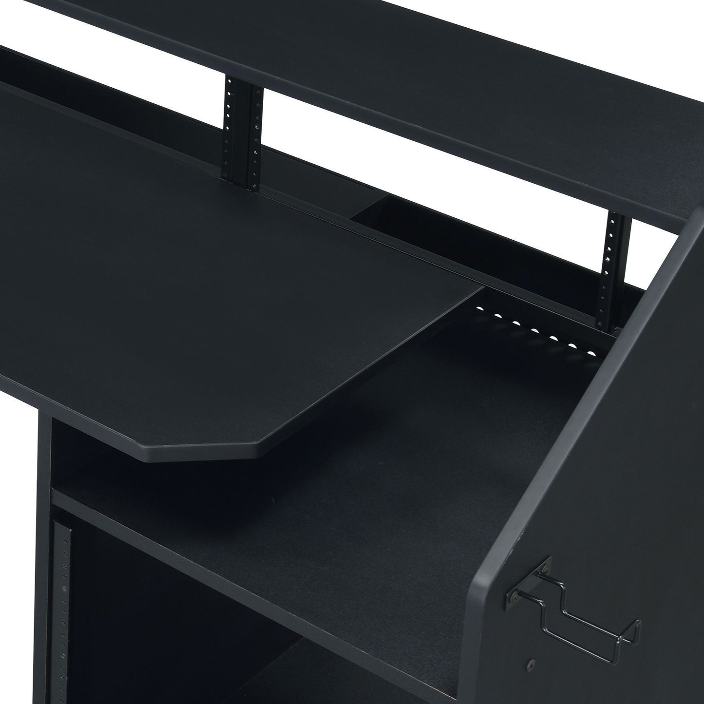Black studio desk with tiered shelves and rackmount space