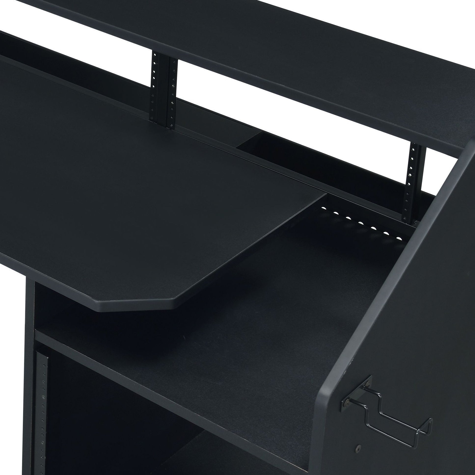 Black studio desk with tiered shelves and rackmount space