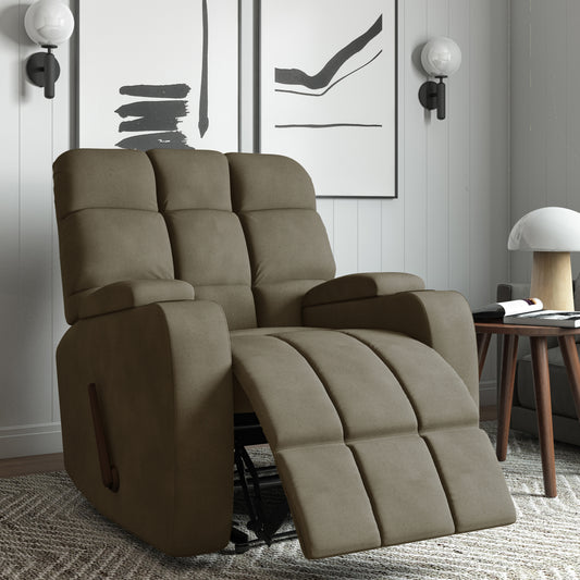 Taupe fabric recliner chair with plush cushioning and reclining footrest