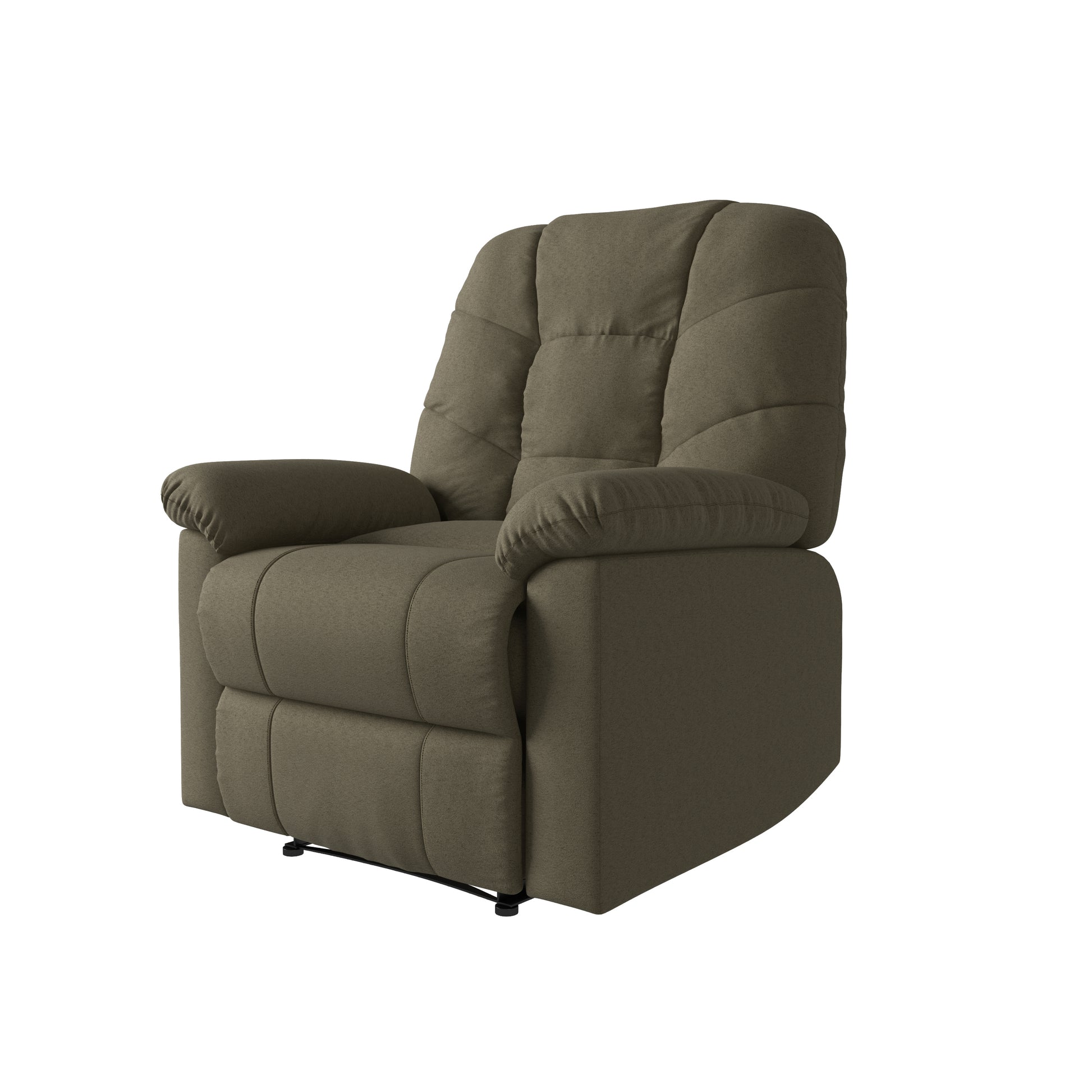 Taupe fabric recliner chair with plush cushioning and wide armrests