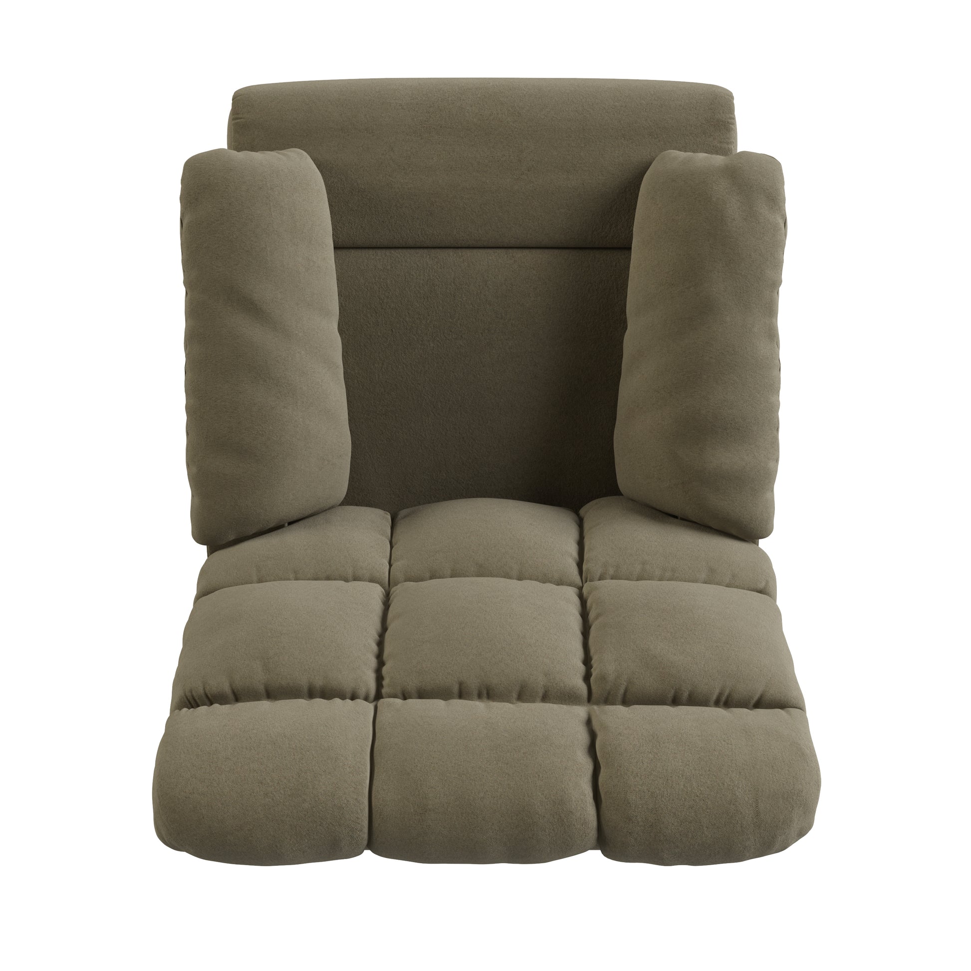 Plush taupe fabric accent chair with padded arms and tufted seat cushions for modern living room comfort