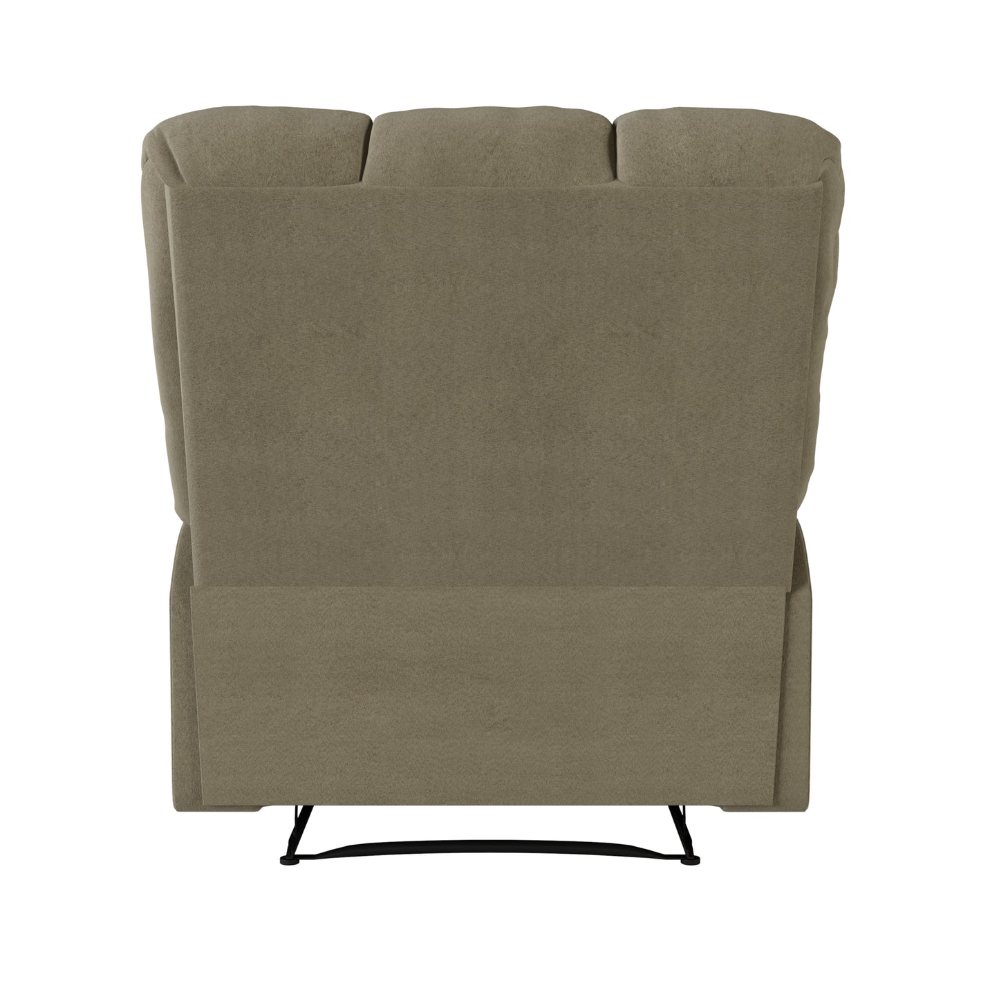 Taupe fabric upholstered recliner chair back view with metal base