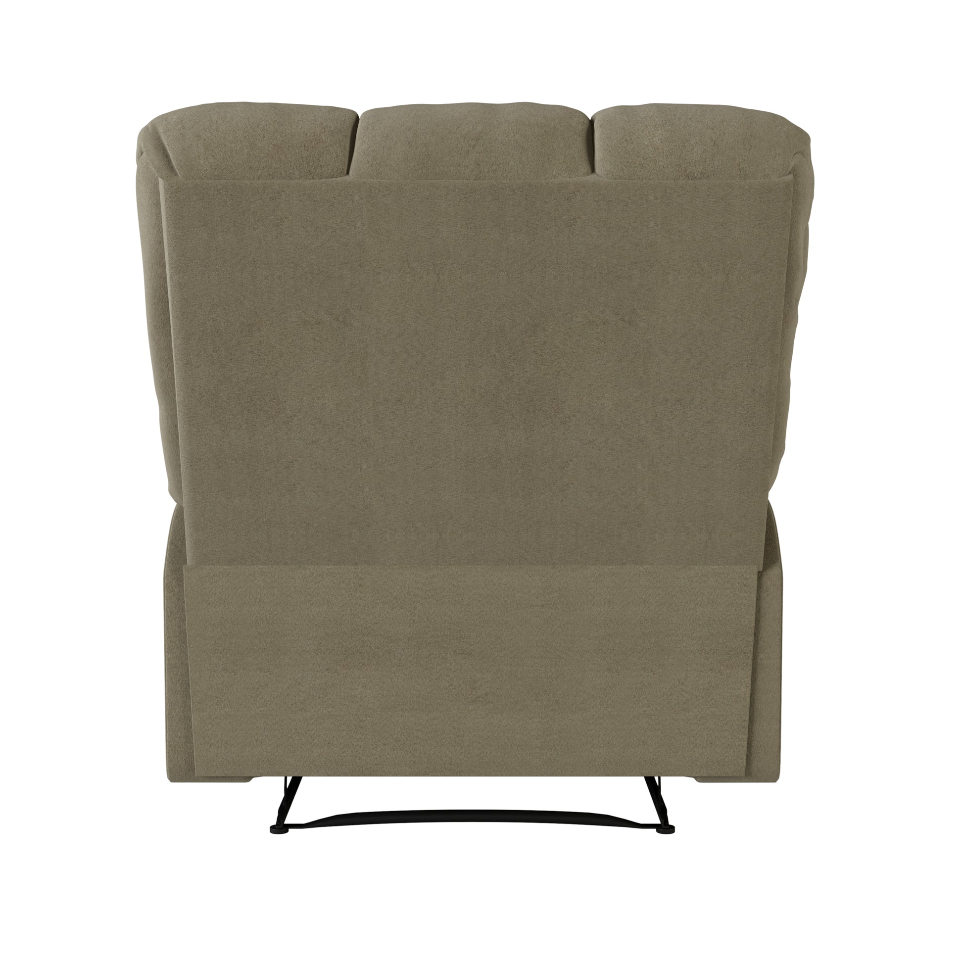 Taupe fabric upholstered recliner chair back view with metal base