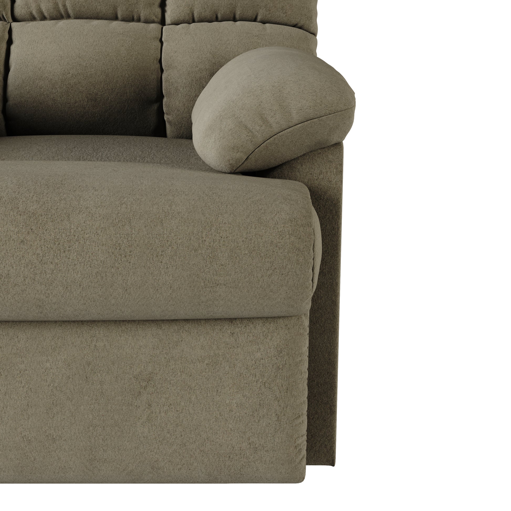 Taupe fabric sofa armrest and seat cushion detail