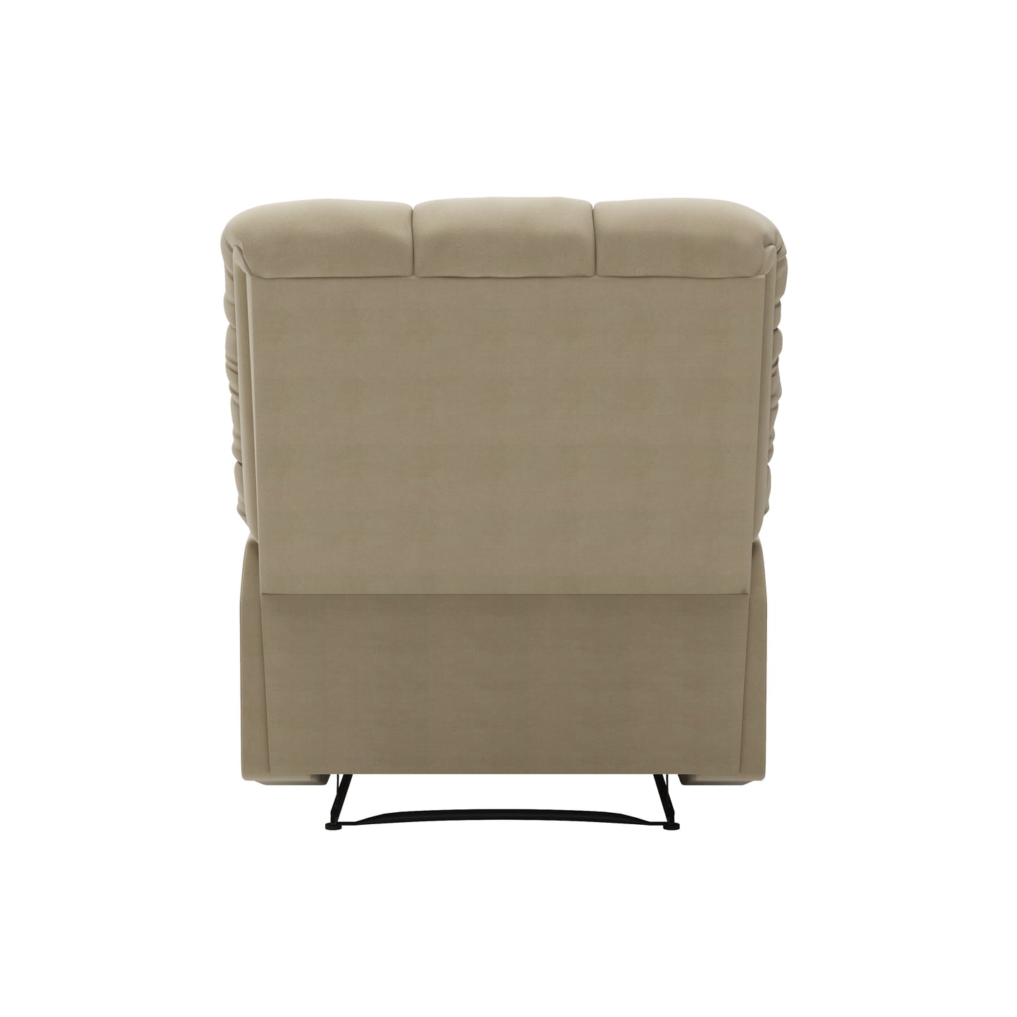 Back view of a tufted beige fabric recliner chair with a black metal base