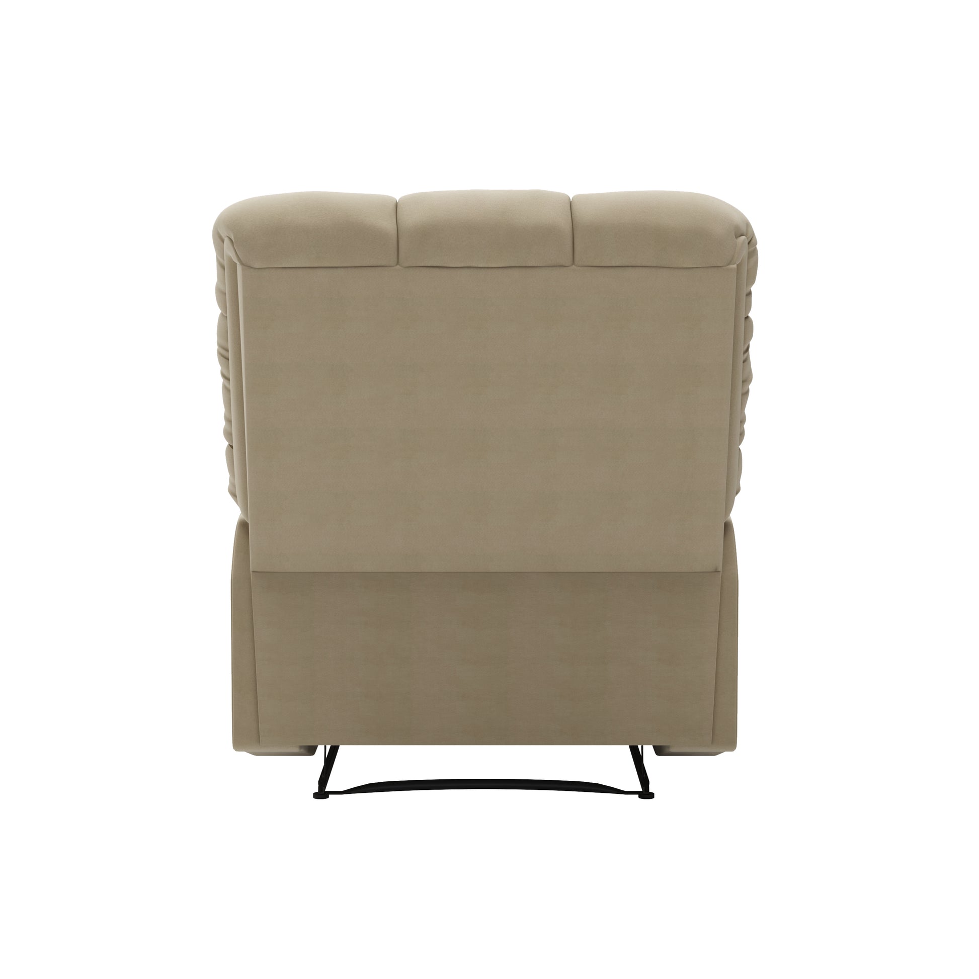 Back view of a tufted beige fabric recliner chair with a black metal base