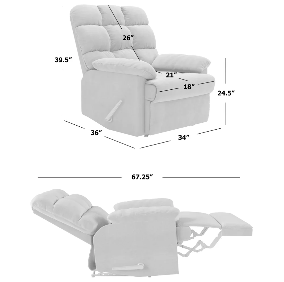 Plush gray recliner chair with dimensions