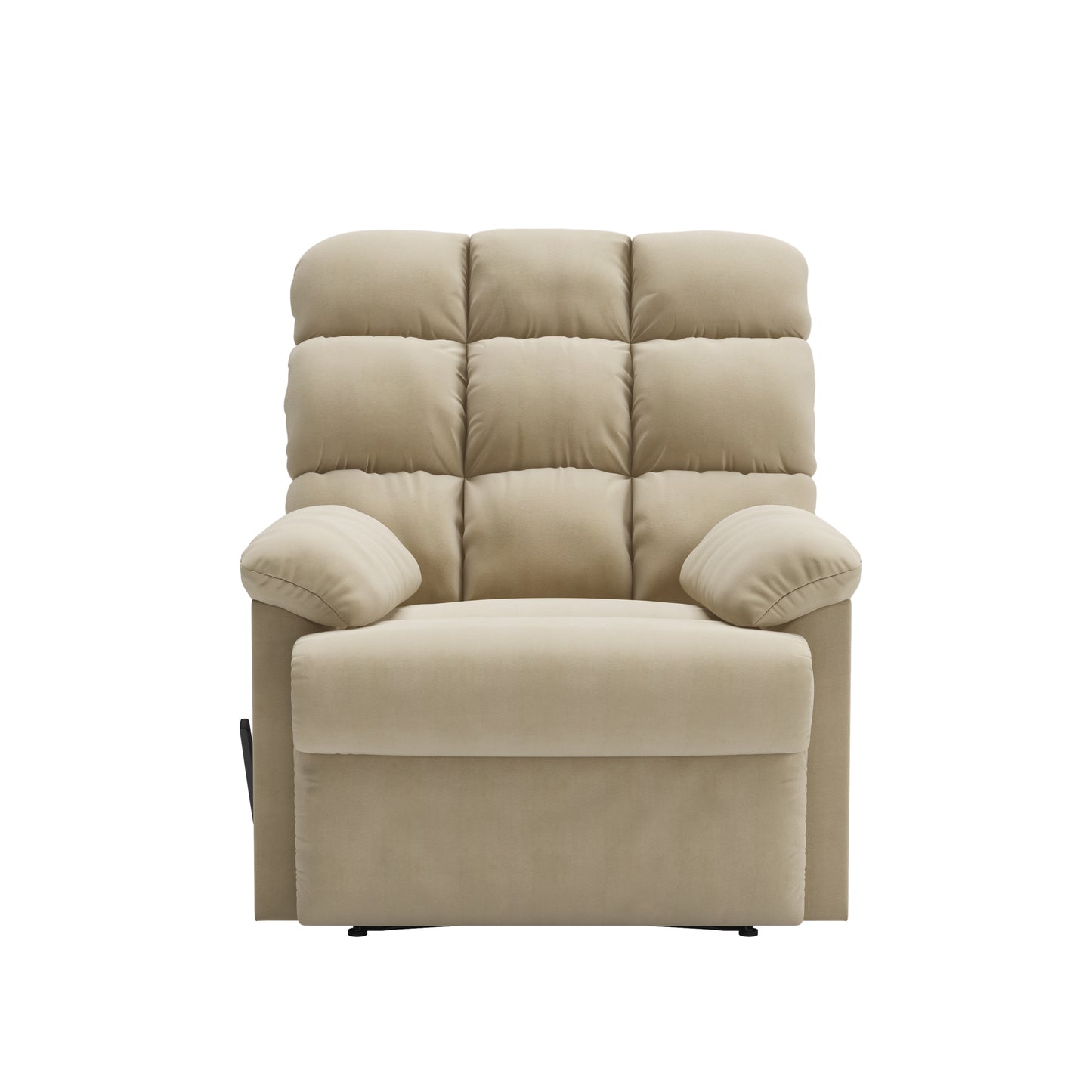 Plush beige recliner armchair with tufted back and padded armrests