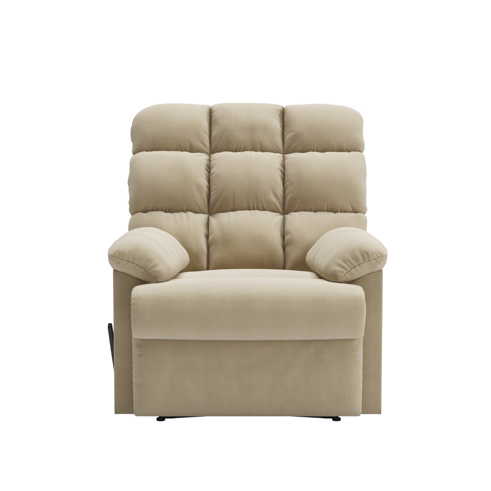 Plush beige recliner armchair with tufted back and padded armrests