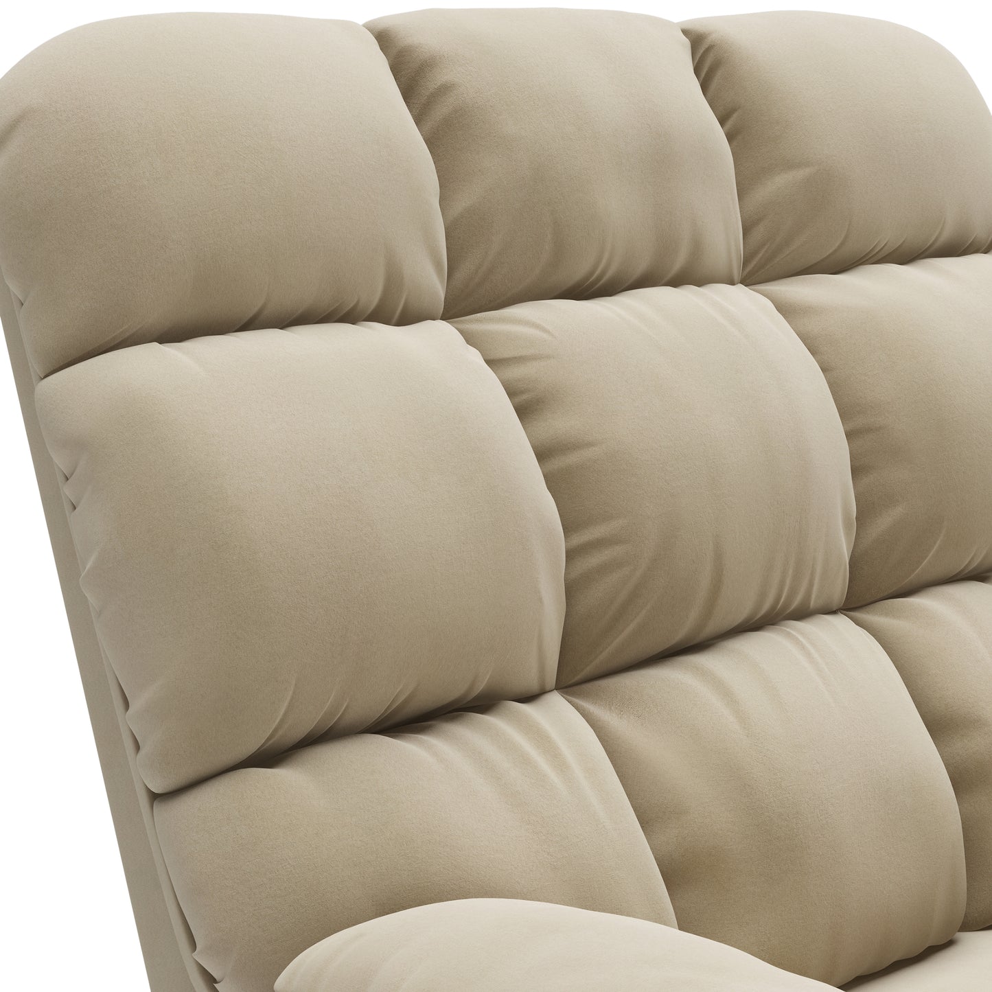 Closeup of a tufted beige fabric armchair showcasing plush cushioning and comfortable seating
