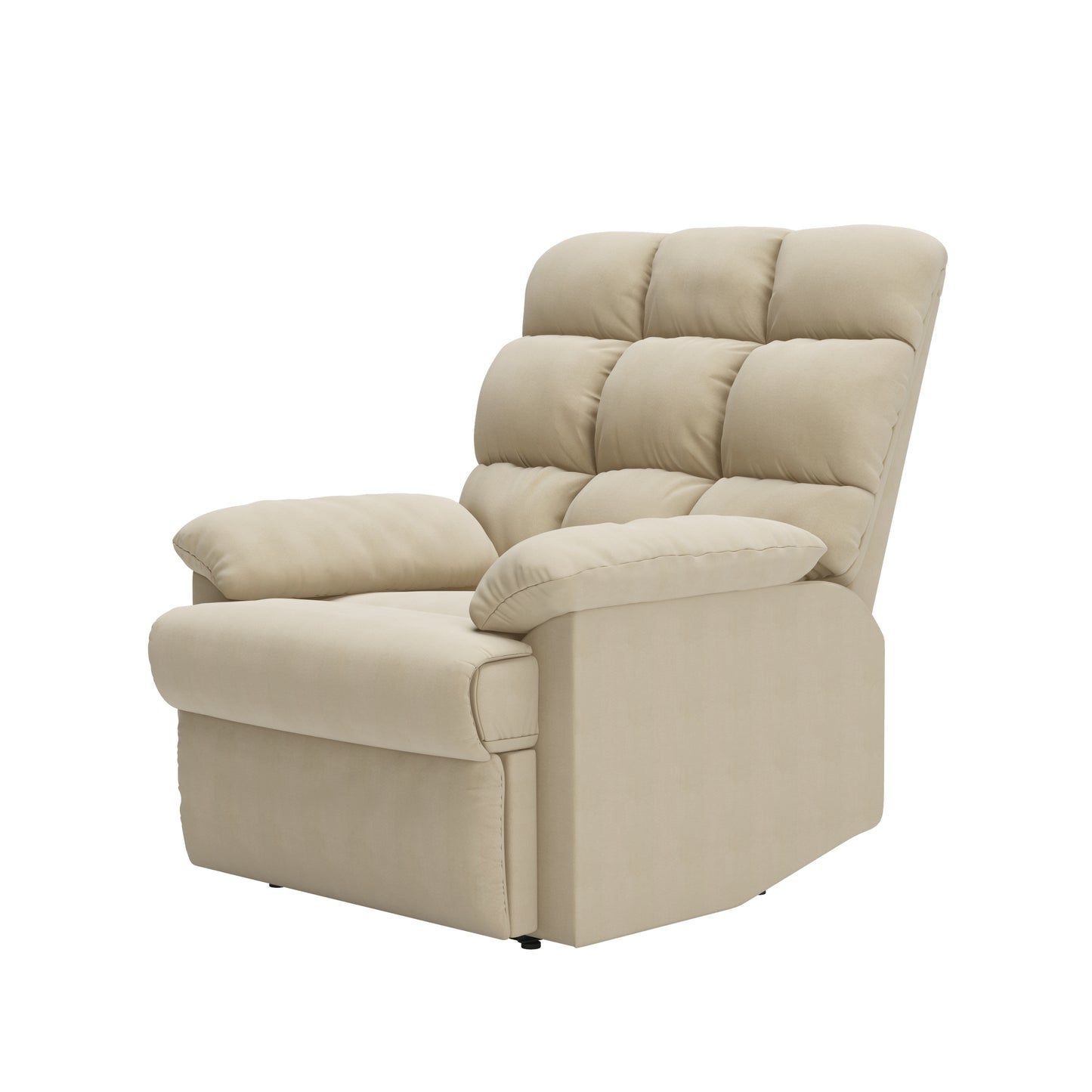 Plush beige fabric recliner chair with tufted backrest and padded arms