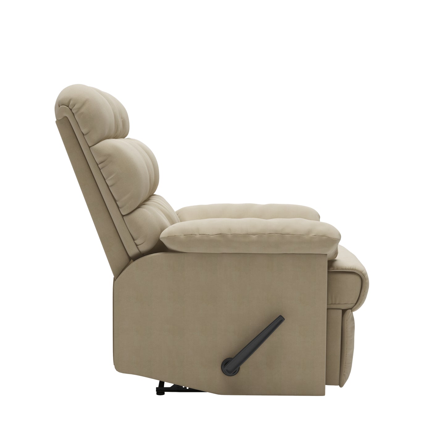 Beige fabric recliner chair with plush cushioning and manual lever