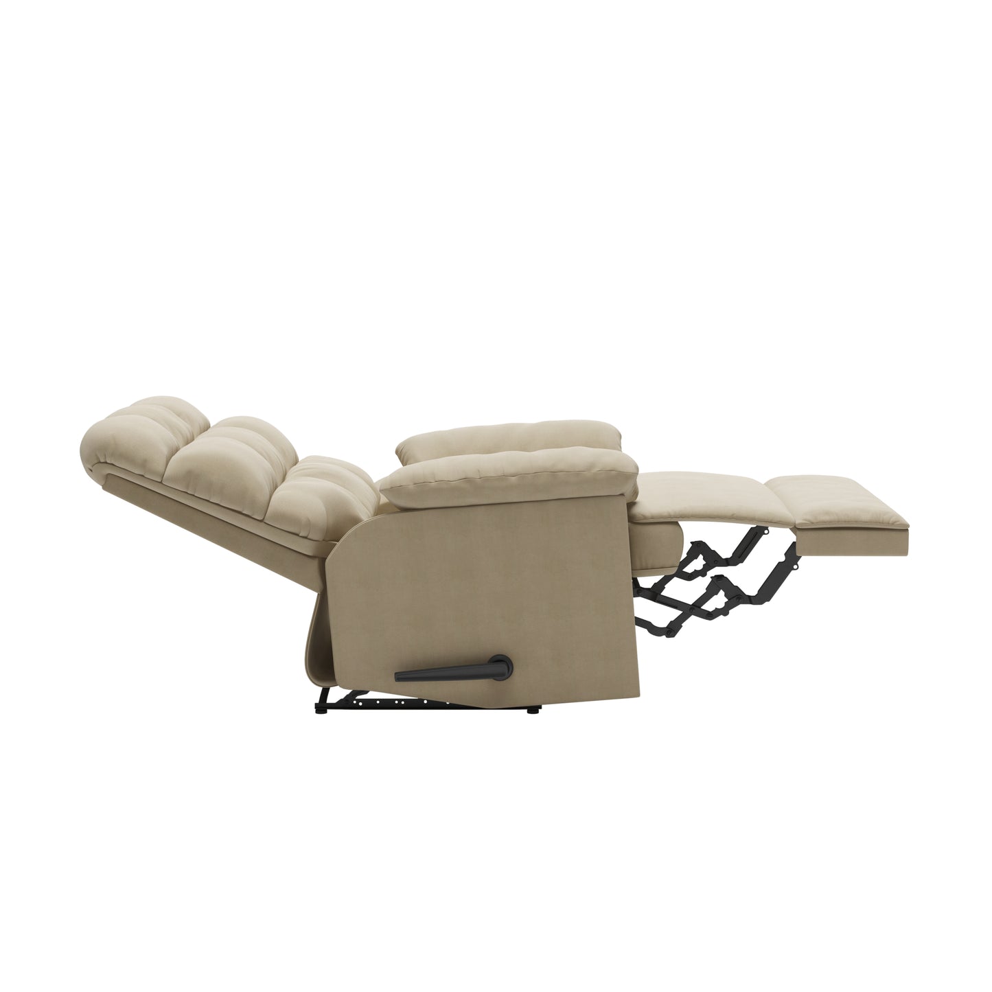Tan recliner chair with plush cushions in tilted position