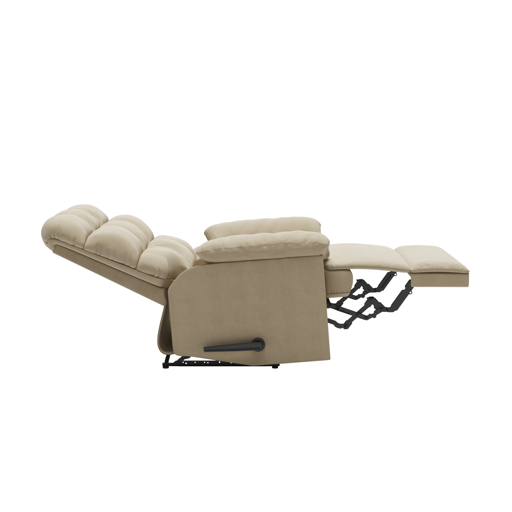 Tan recliner chair with plush cushions in tilted position