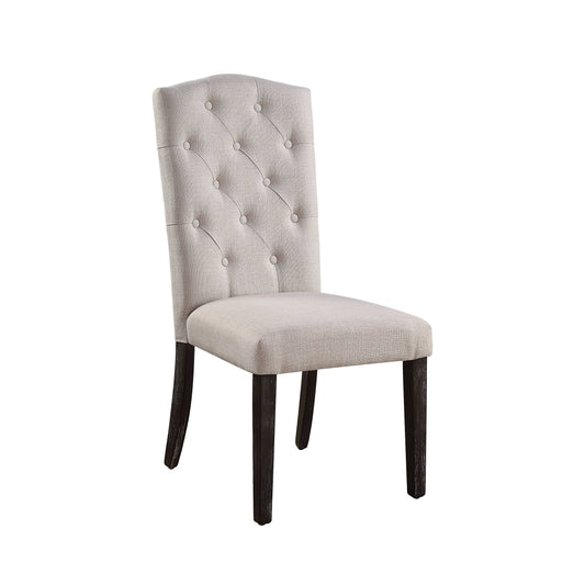 Tufted beige fabric dining chair with dark wood legs