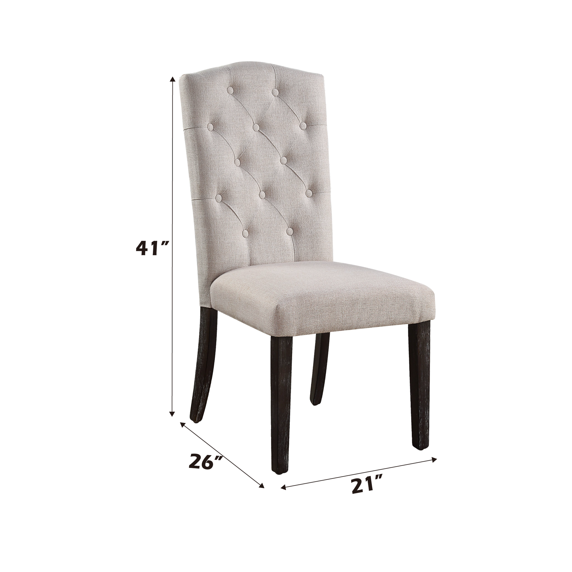 Tufted beige fabric dining chair with dark wood legs  inches tall
