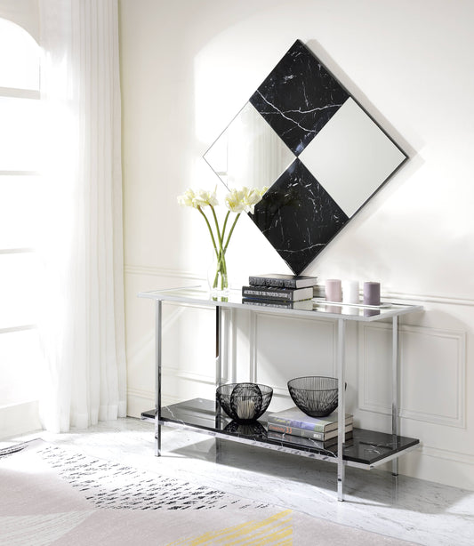 Chrome and glass console table with black marble accents