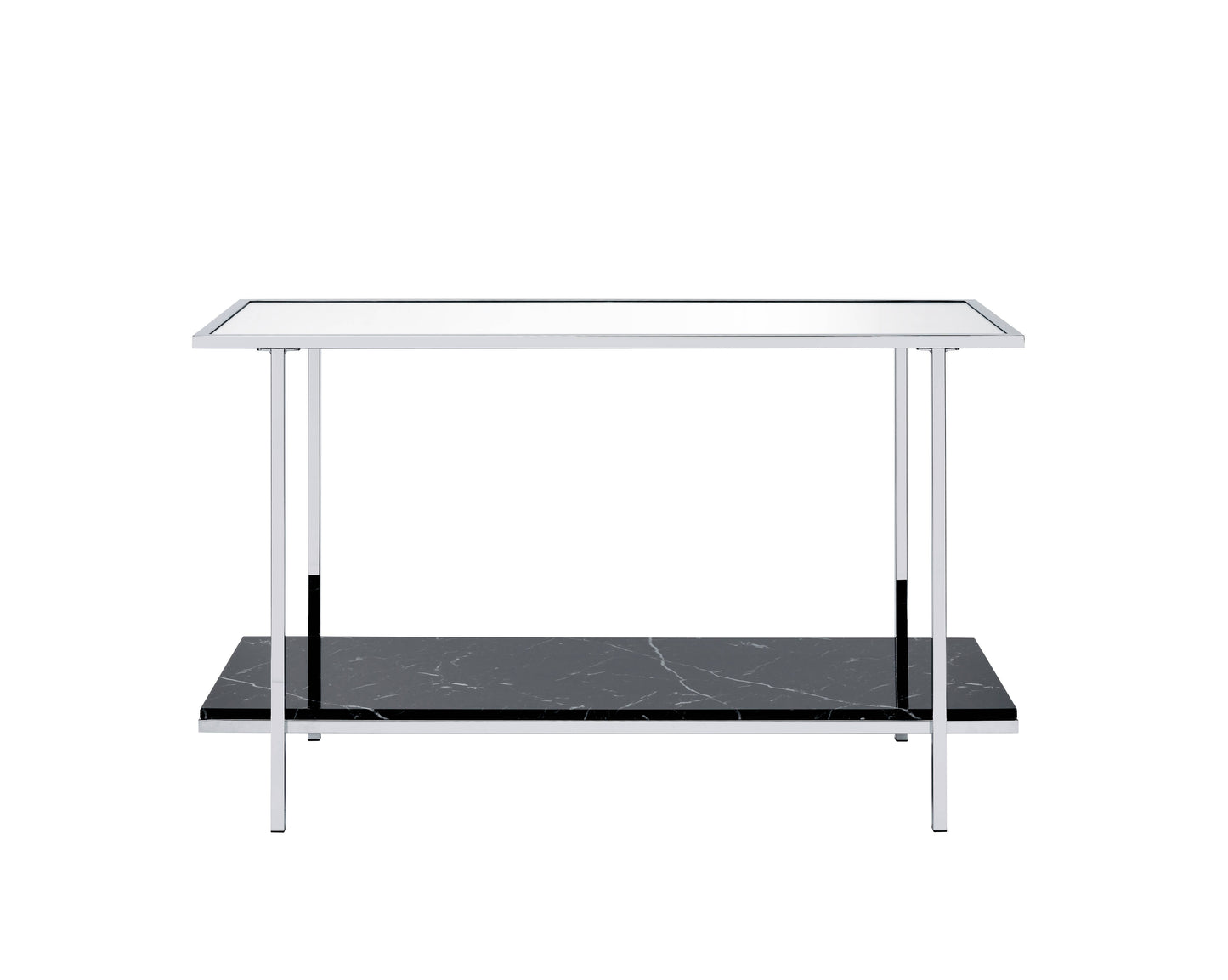 Sleek chrome end table with a black marble shelf and mirrored top