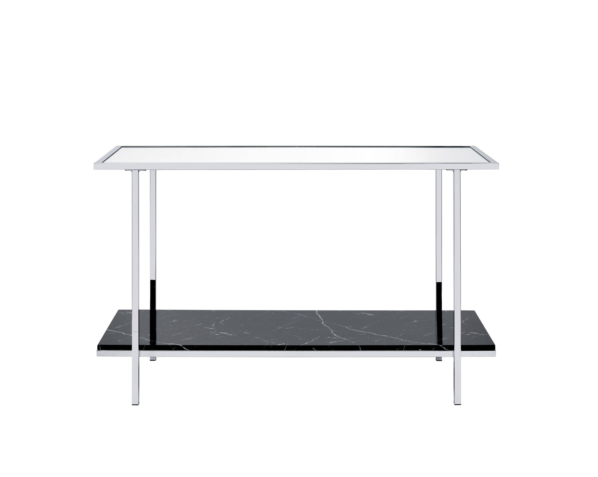 Sleek chrome end table with a black marble shelf and mirrored top