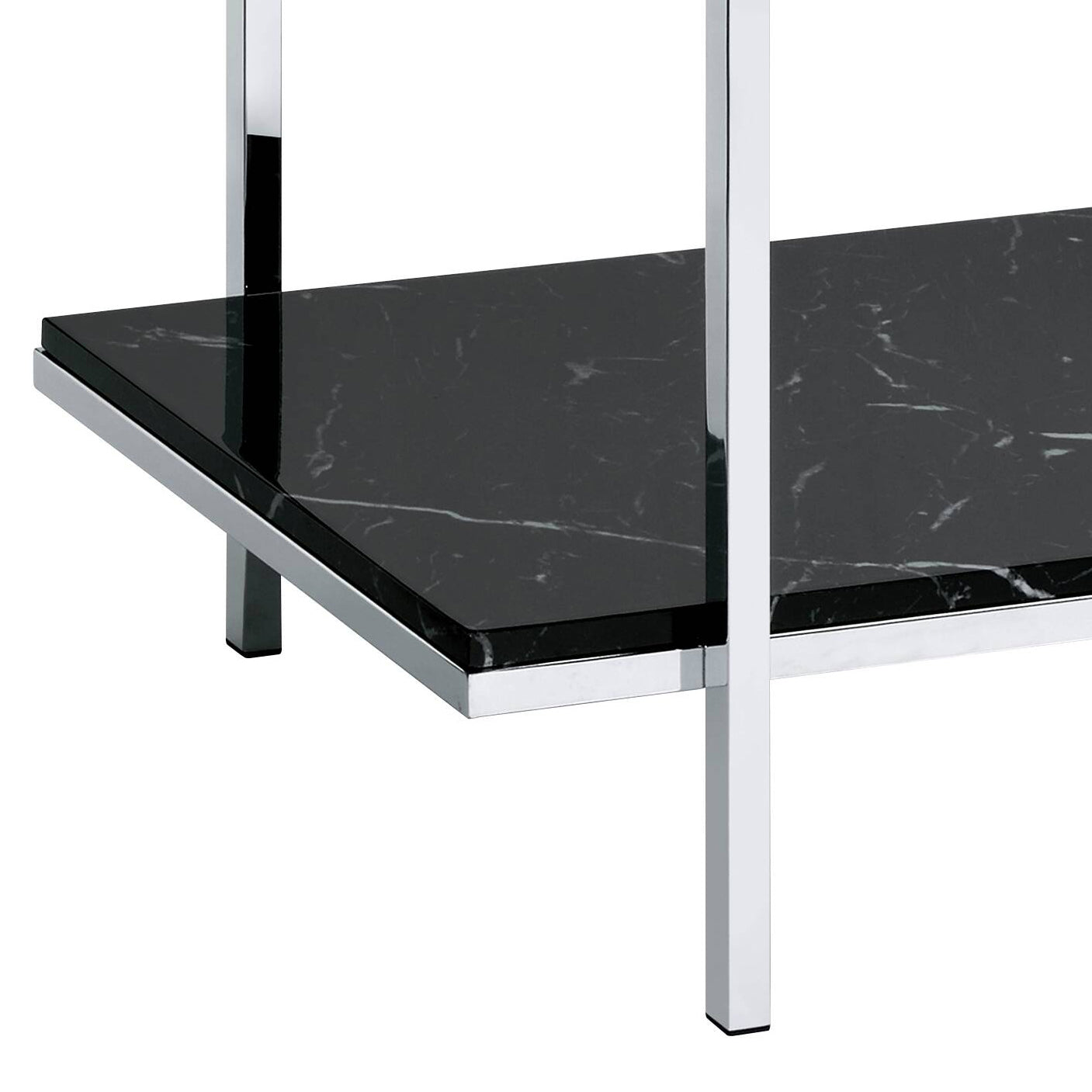 Sleek black marble shelf with polished chrome legs
