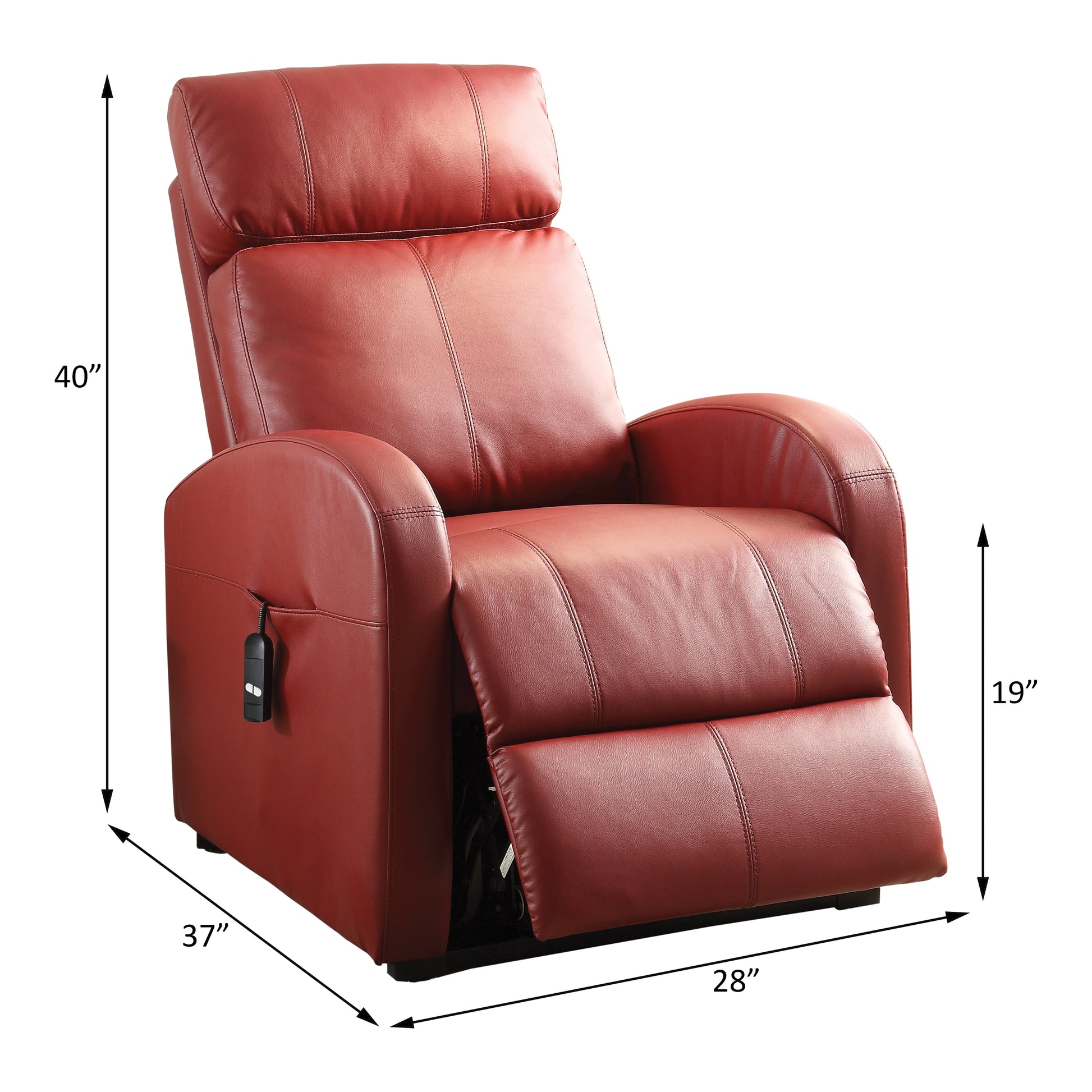 Red leather power recliner chair with side controls