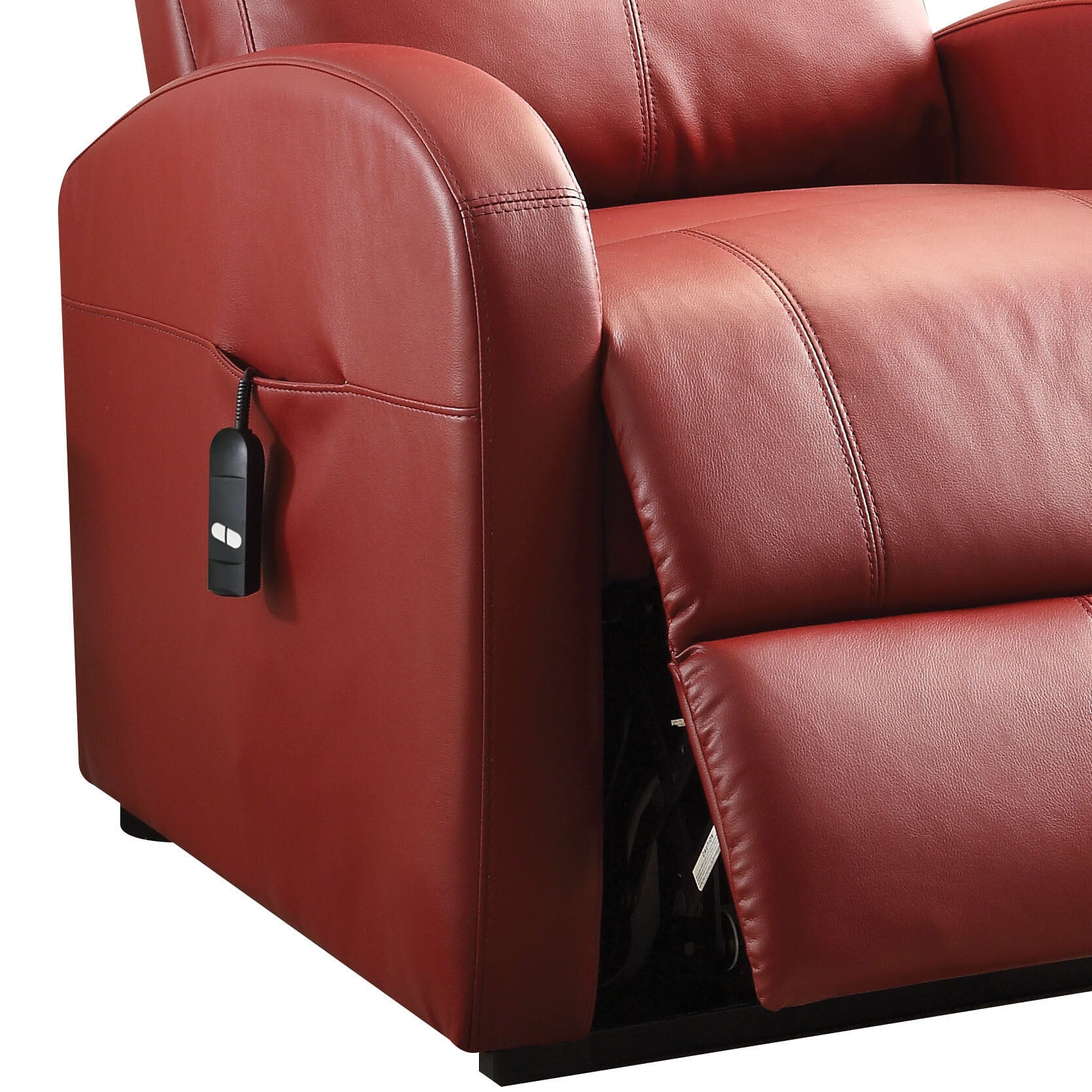 Red leather power recliner with integrated remote control