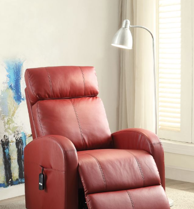 Comfortable red leather power recliner with adjustable footrest and lumbar support
