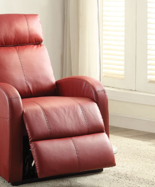 Red leather recliner chair with padded footrest