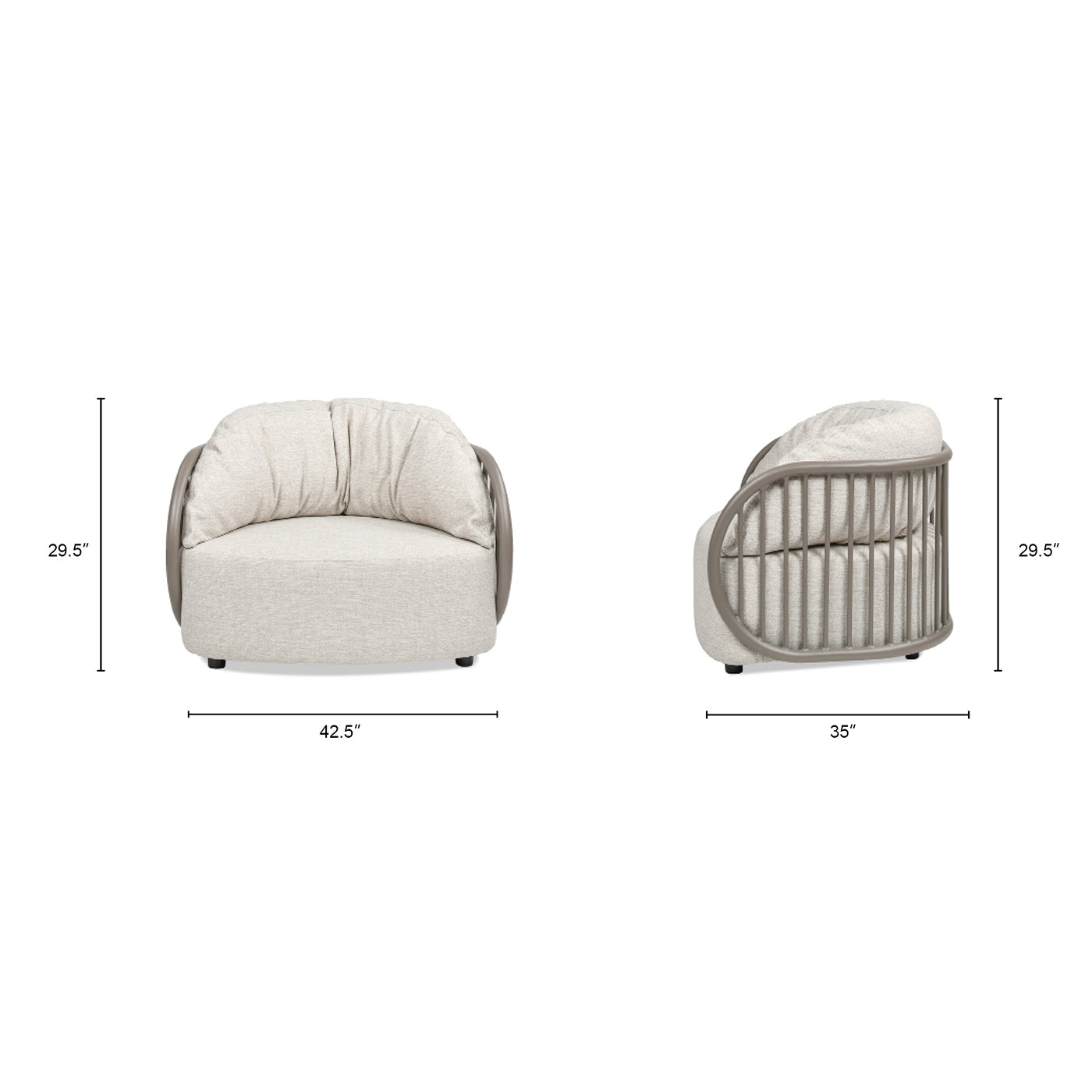 Textured beige upholstered armchair with curved gray metal frame