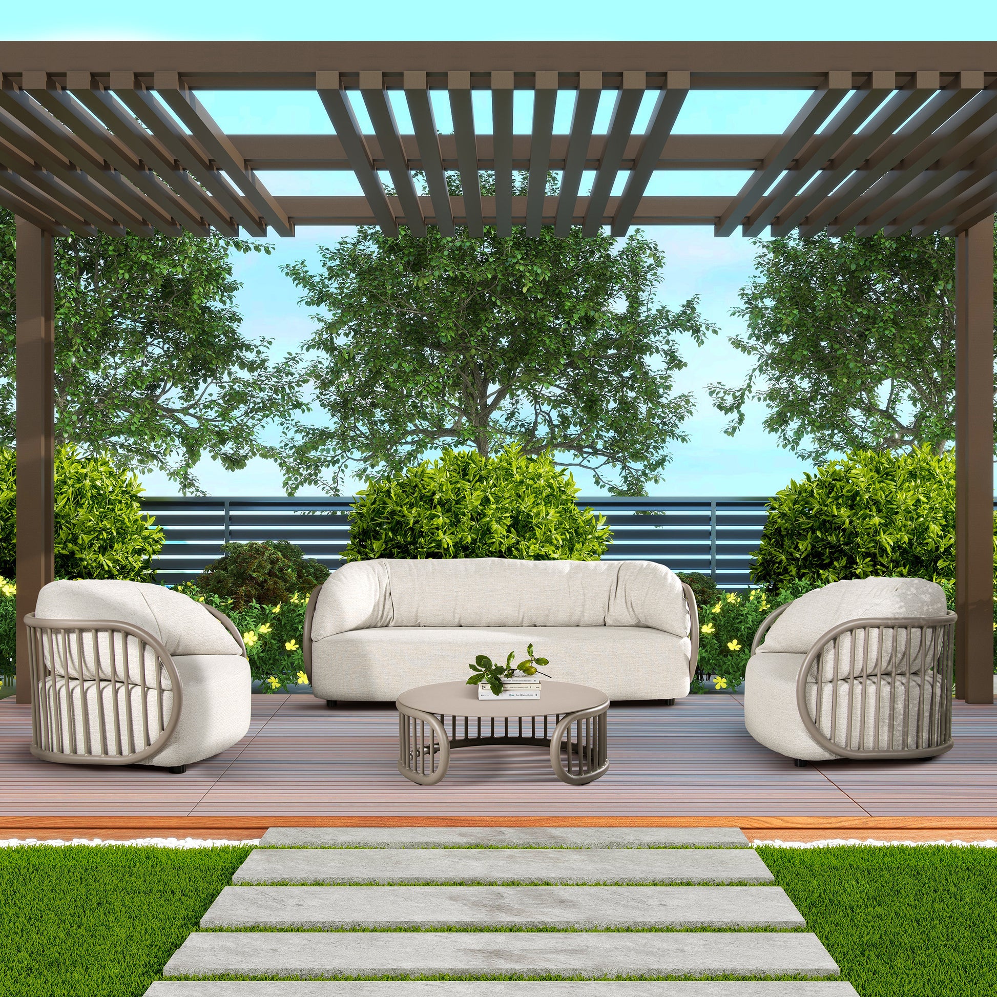Modern beige outdoor sectional sofa with matching chairs and a circular coffee table