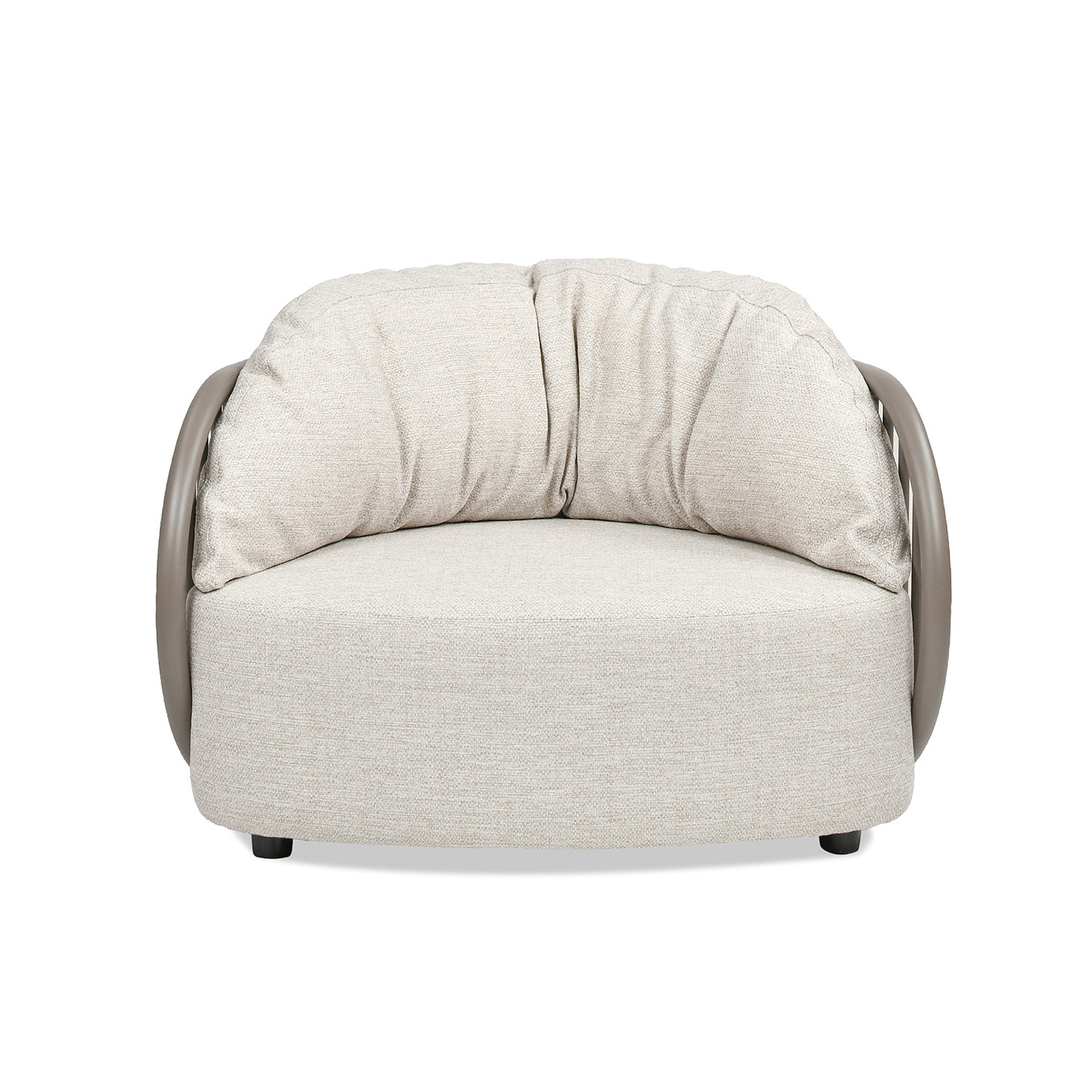 Beige boucle fabric armchair with curved metal arms for living room comfort