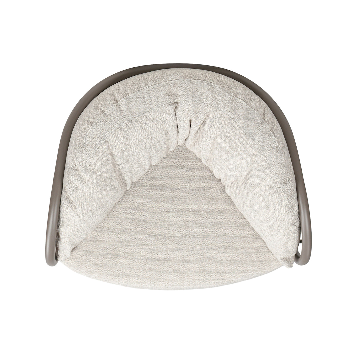 Top view of beige upholstered modern accent chair with curved taupe frame
