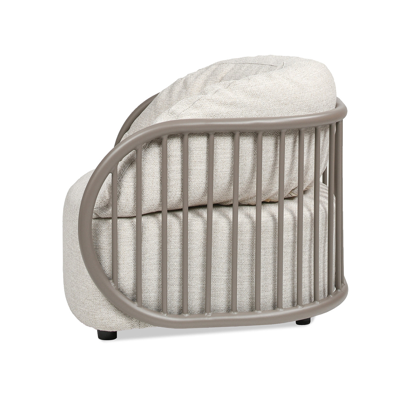 Modern beige armchair with textured fabric and a grey metal frame