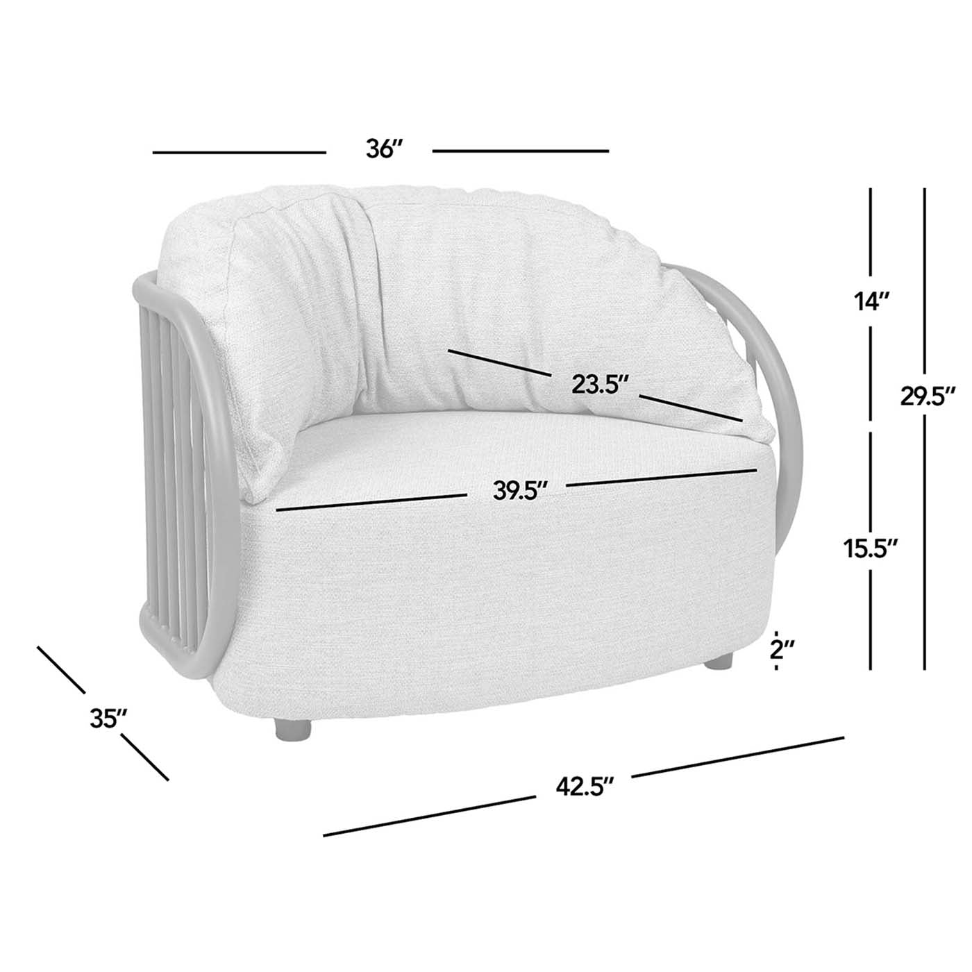 Textured white armchair with grey metal frame and curved arms