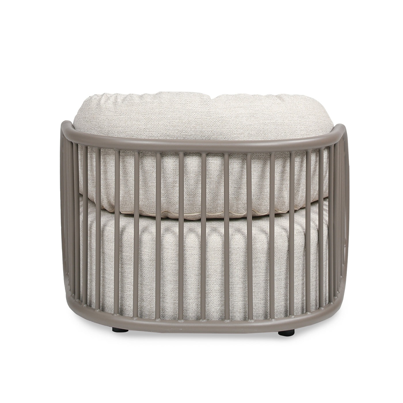 Rounded metal frame pet bed with plush beige cushions