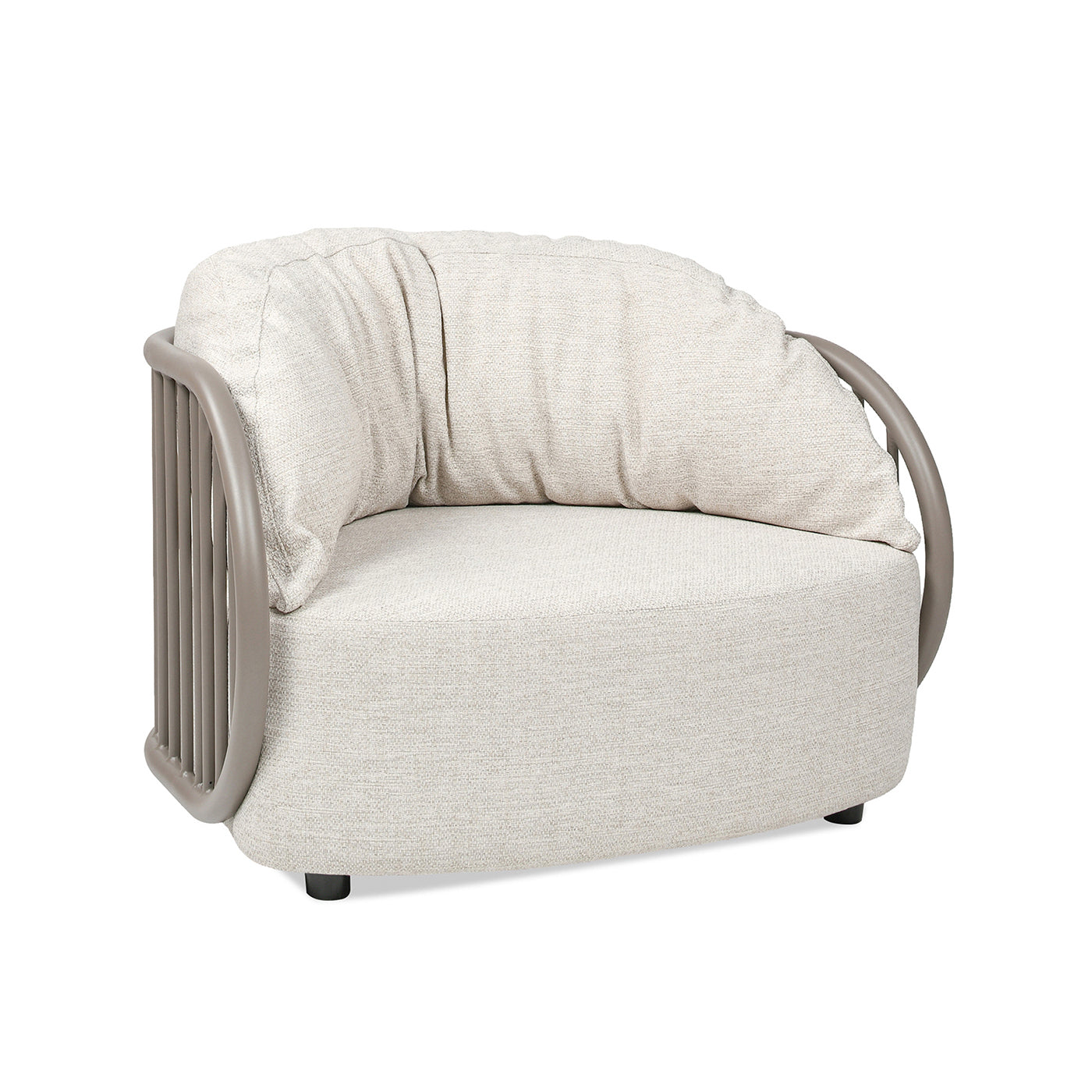 Modern beige armchair with curved taupe metal frame and textured fabric upholstery