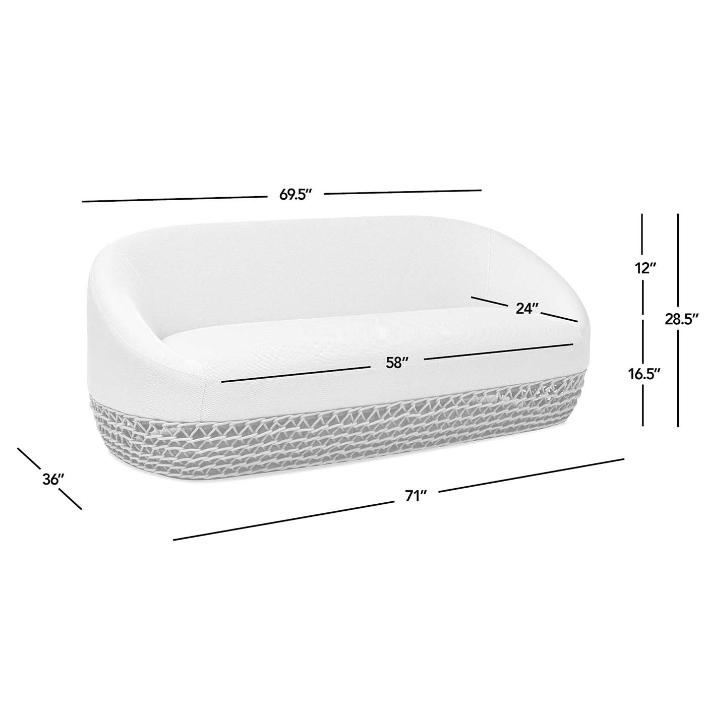 White upholstered couch with detailed wicker base and dimensions