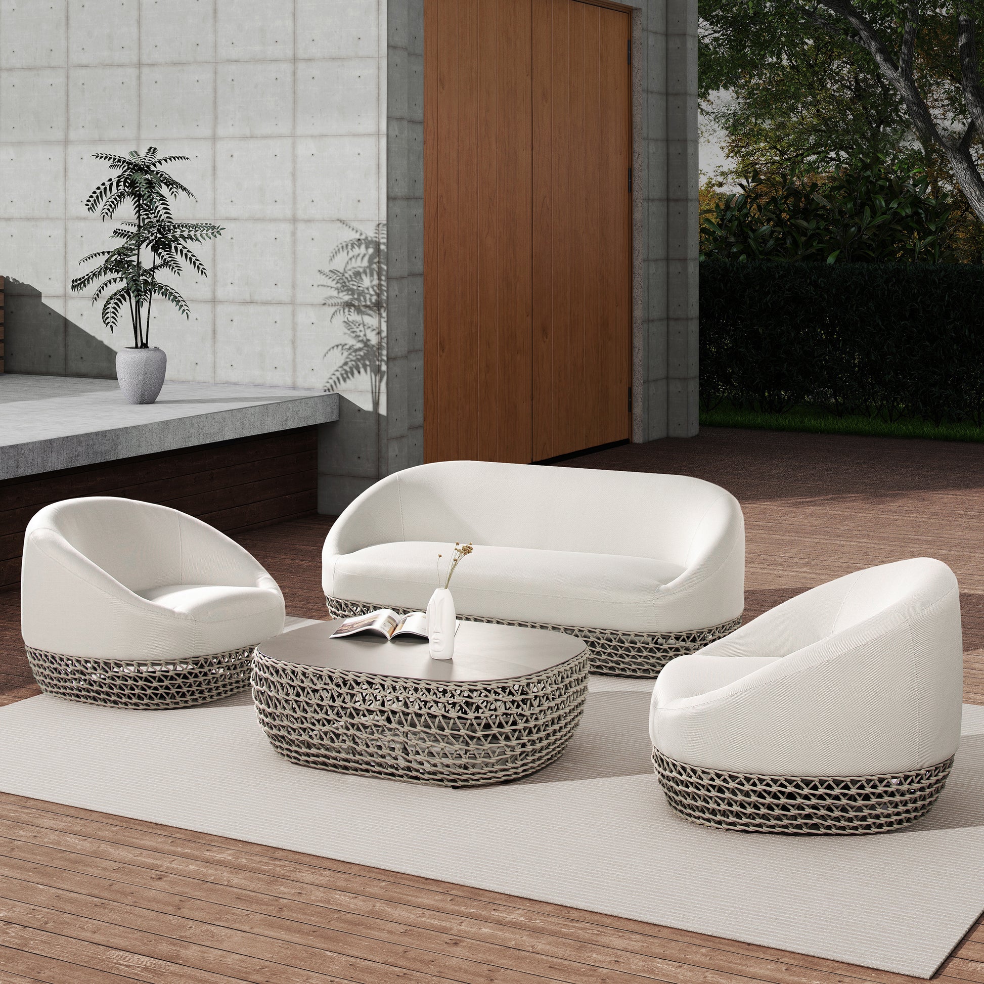 White outdoor sofa with woven base