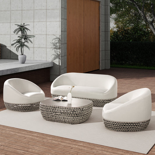 White outdoor sofa with woven base