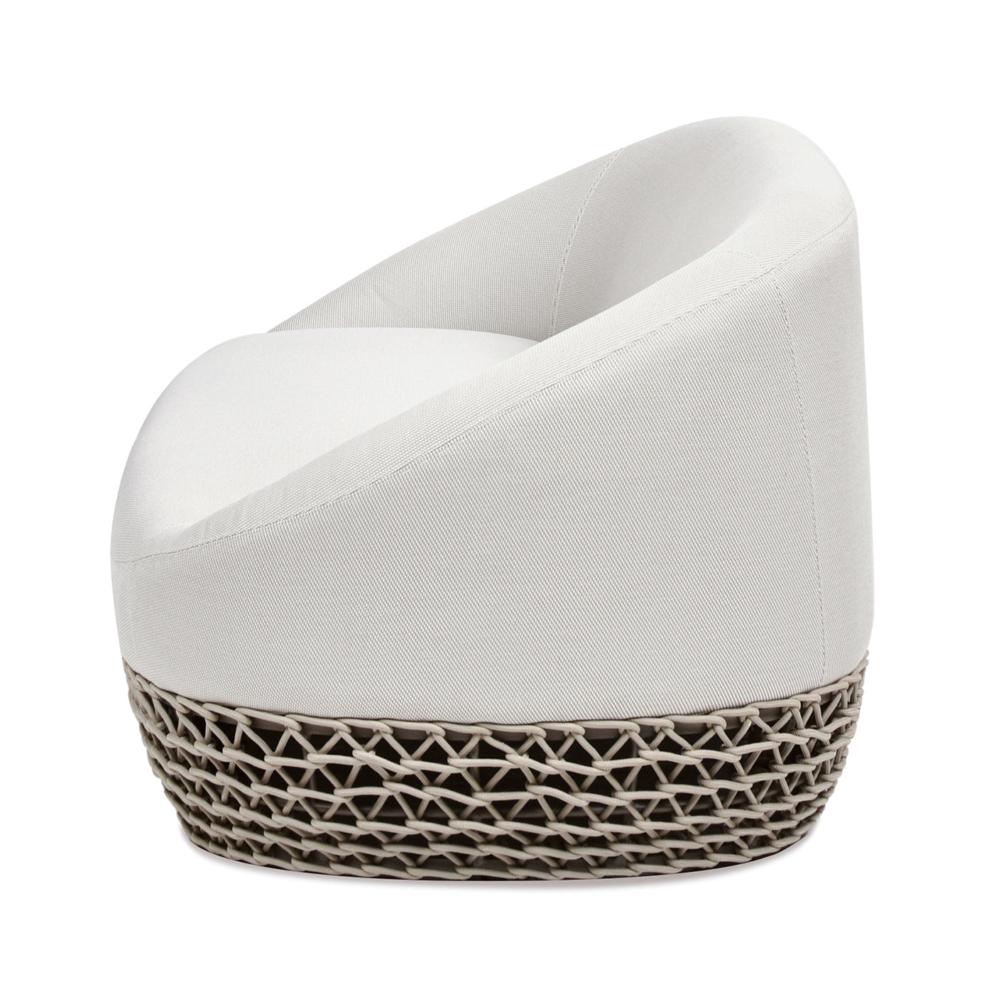 Modern white upholstered accent chair with woven base