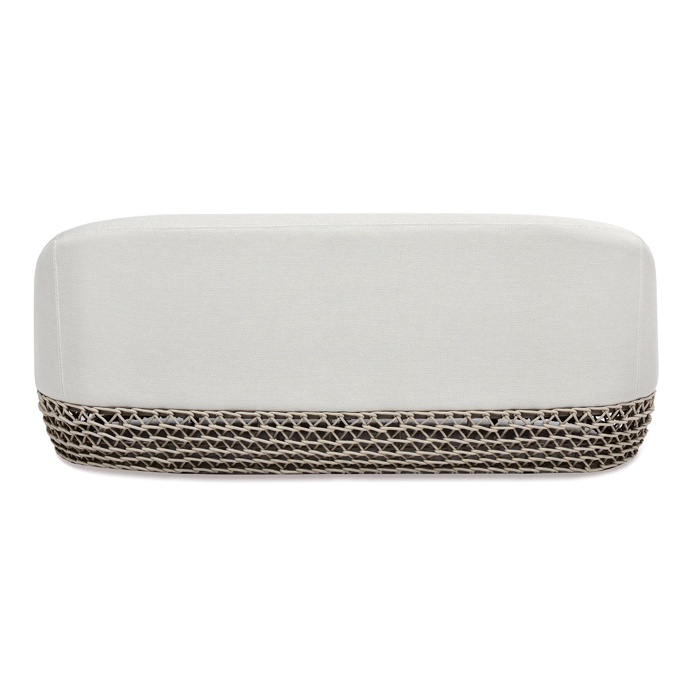 Rectangular upholstered ottoman in light grey fabric with a woven grey base