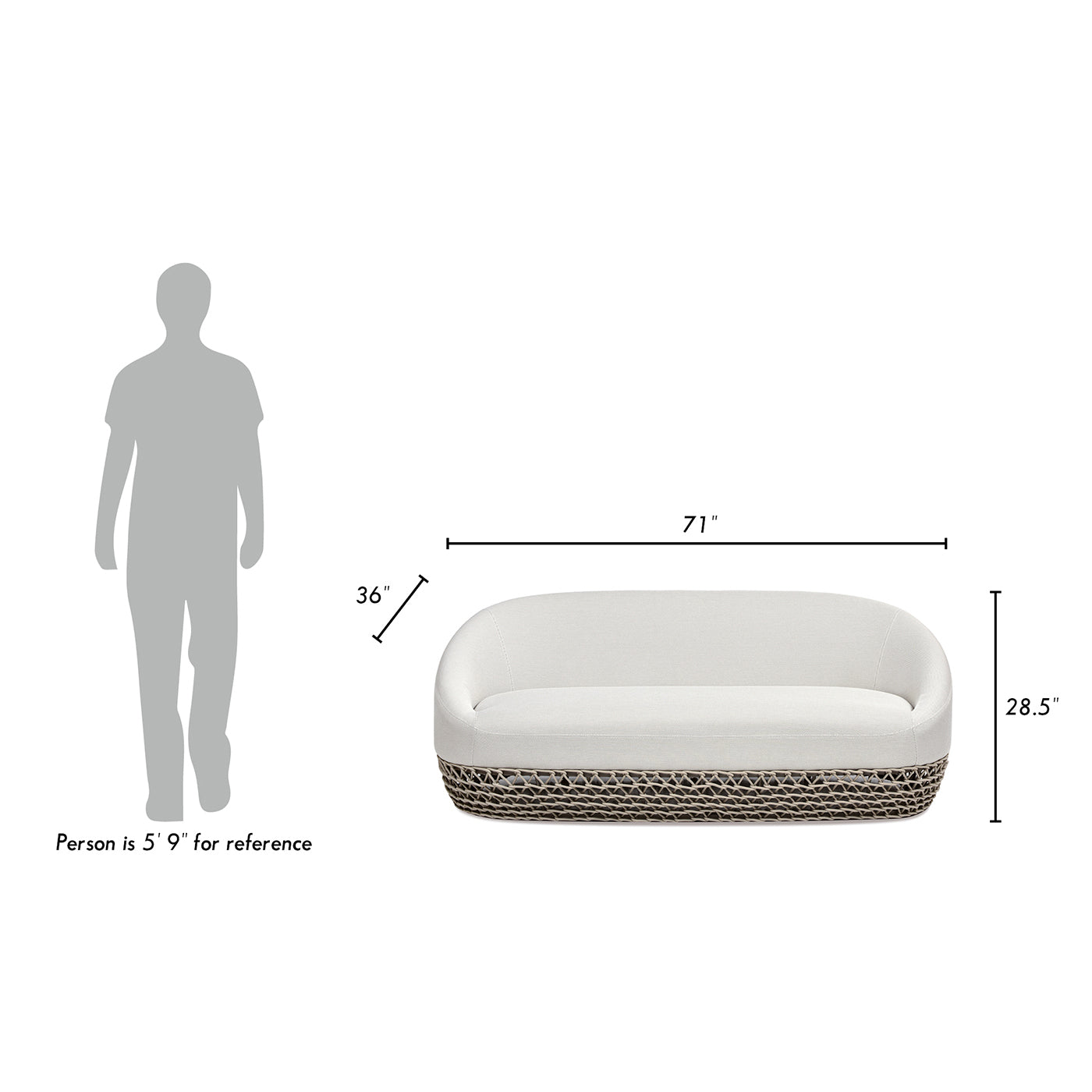 Modern white linen sofa with textured woven base  W x  D x  H