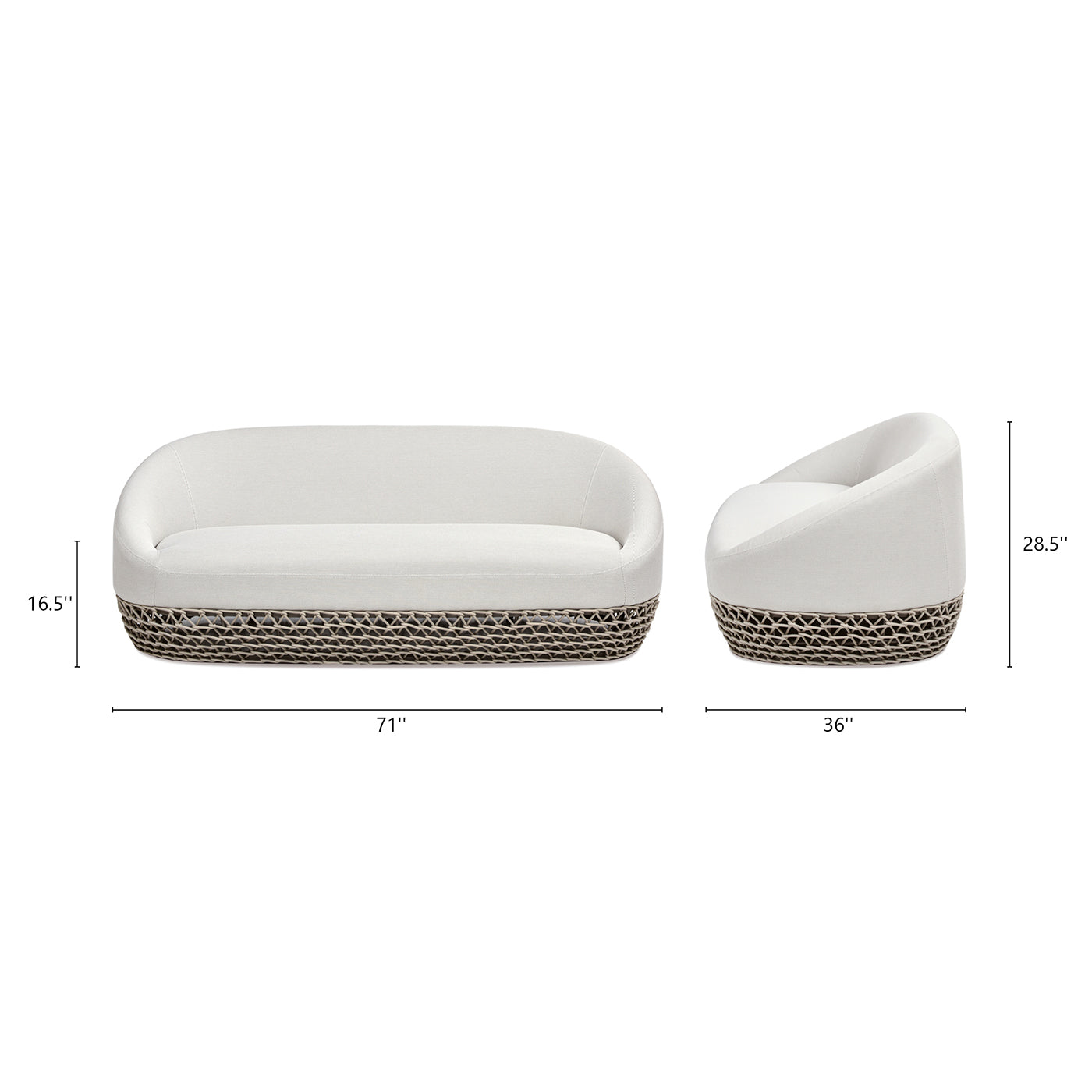 White linen twoseater sofa with woven base