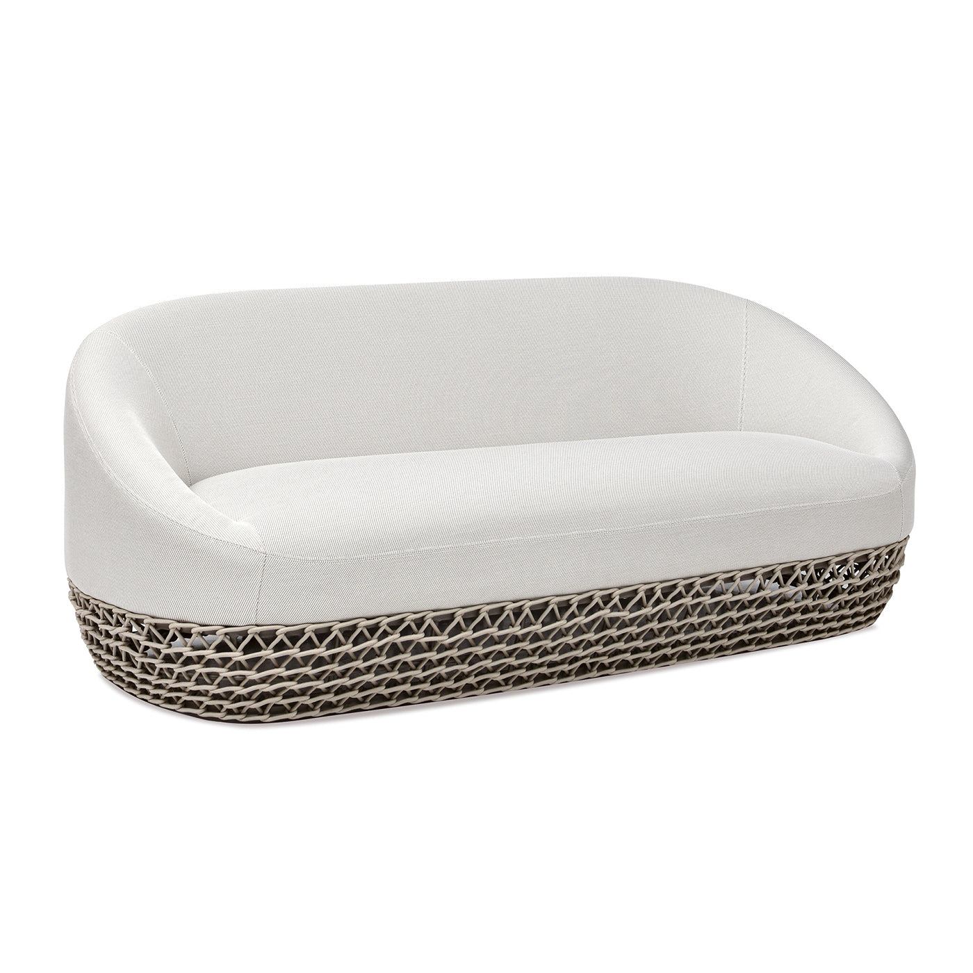 Modern white upholstered sofa with woven base