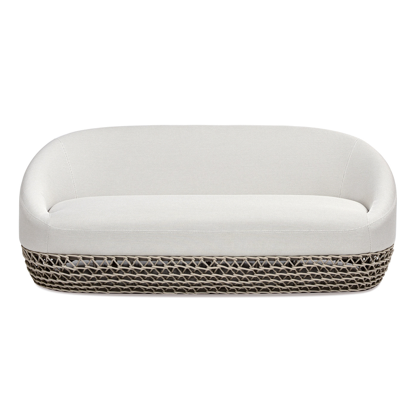 Cream upholstered modern sofa with a woven base